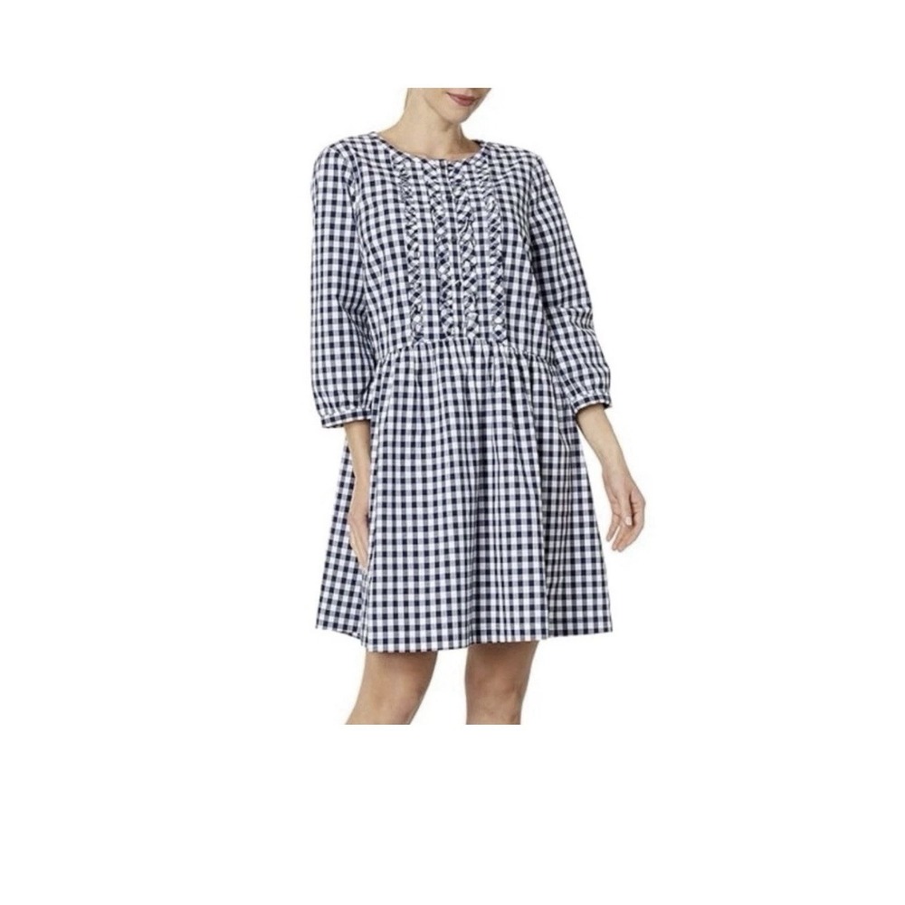Draper James Blue White Wanda Gingham Dress 3/4 Sleeve Ruffle Front Short NWT XS